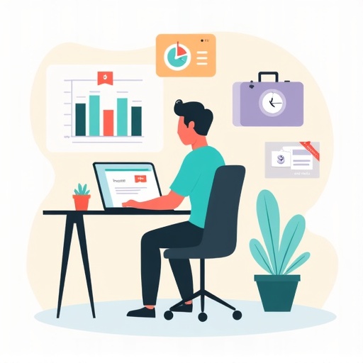 Freelancer working at a laptop surrounded by client briefs, invoices and charts
