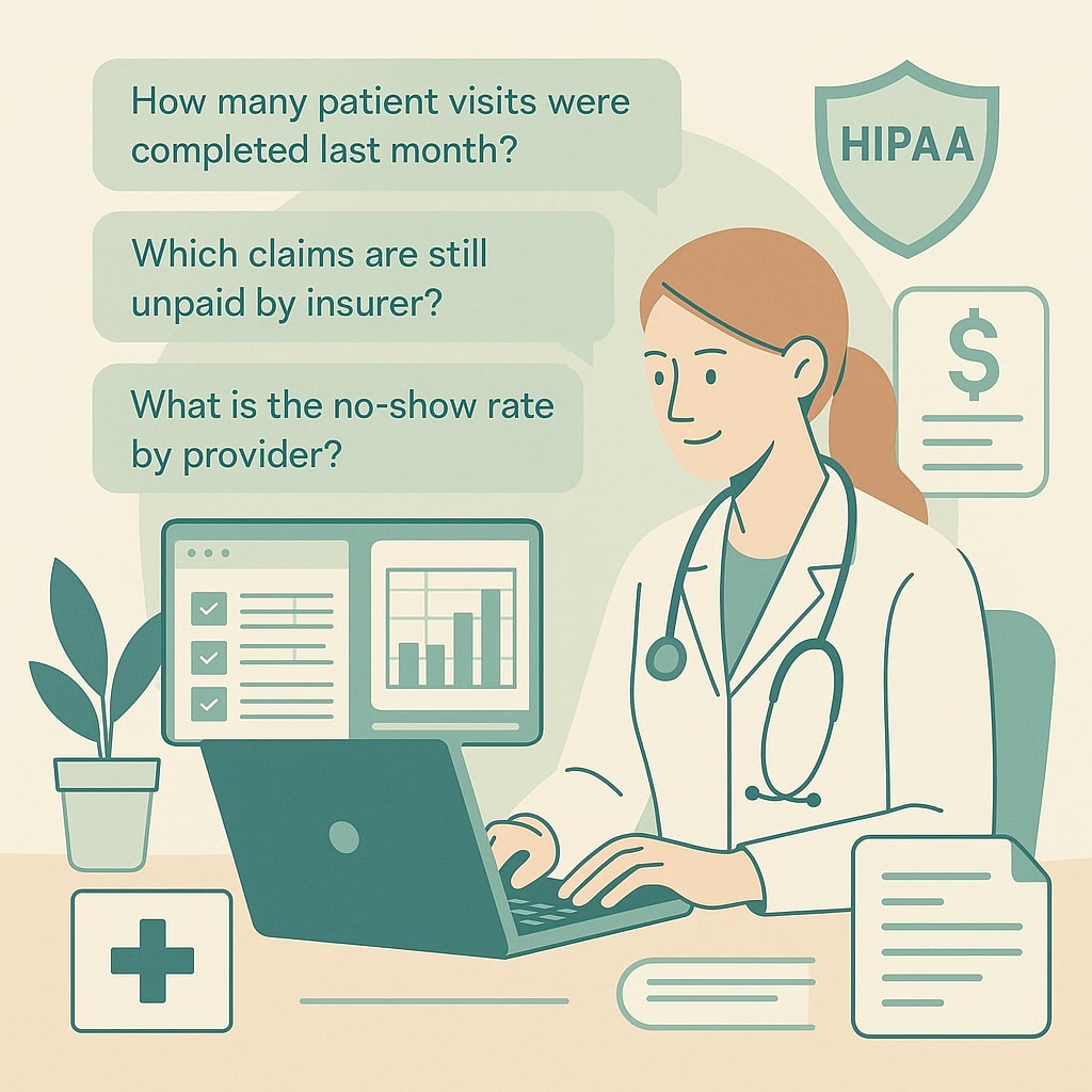 Clinic administrator reviewing patient and billing spreadsheets on laptop